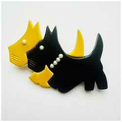 Lucite 1940s yellow and black Scottie Dogs brooch
