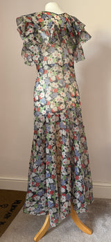 Authentic vintage 1930s Art Deco flutter sleeved floral chiffon evening dress