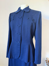 Divine Art Deco stitching 1940s navy blue gabardine skirt suit