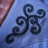 Deco navy vintage 1940s tailored worsted jacket with velvet scroll motifs