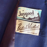 Deco navy vintage 1940s tailored worsted jacket with velvet scroll motifs