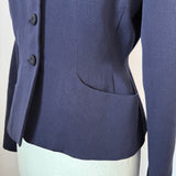 Deco navy vintage 1940s tailored worsted jacket with velvet scroll motifs