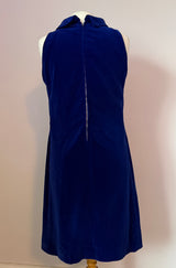 Sapphire blue velvet vintage 1960s cocktail dress with faux pearl trim