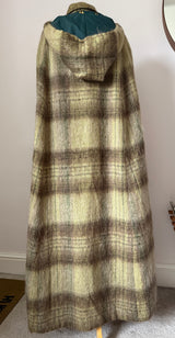 Olive green plaid check mohair wool hooded maxi cape - Candy Says Vintage Clothing UK