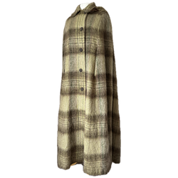 Olive green plaid check mohair wool hooded maxi cape - Candy Says Vintage Clothing UK