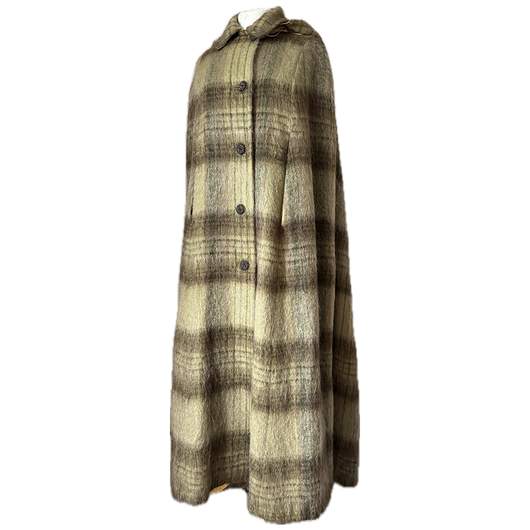 Olive green plaid check mohair wool hooded maxi cape - Candy Says Vintage Clothing UK