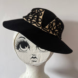 Original 1940s black wool felt slanted tilt hat with soutache braided trim