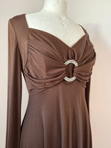 Chocolate brown vintage 1970s gathered bust maxi dress with rhinestone ring