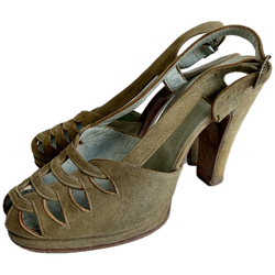 Olive green suede 1940s peep toe slingback high heeled shoes