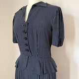 Navy and white check rayon 1940s peplum day dress