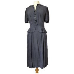Navy and white check rayon 1940s peplum day dress