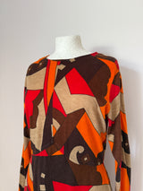 Psychedelic print bold brown and orange jersey 1970s day dress