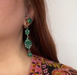 Emerald green beaded drop vintage 1960s clip-on earrings