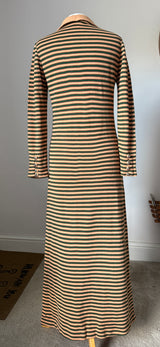 Tan, forest green and terracotta stripe vintage 1970s maxi dress