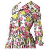 Pink and yellow rose print cotton 1950s vintage shirtwaister dress