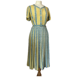 Lemon and blue floral cotton belted 1950s day dress with sunray pleat skirt