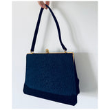 Navy blue swiss lace and velvet vintage 1960s handbag