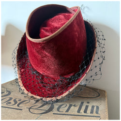 Burgundy red velvet 1940s vintage hat with black veil