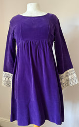Deep purple cotton velvet vintage 1960s mini dress with lace trim cuffs