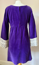 Deep purple cotton velvet vintage 1960s mini dress with lace trim cuffs