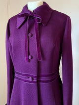 Elgee of London plum purple wool 1960s vintage coat with velvet trim and ties