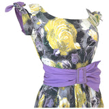 Lavender, yellow and grey cotton rose print vintage 1950s split sleeve day dress