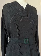 Vintage late 1930s black rayon jacquard day dress with art deco details