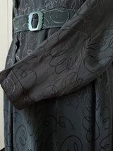 Vintage late 1930s black rayon jacquard day dress with art deco details