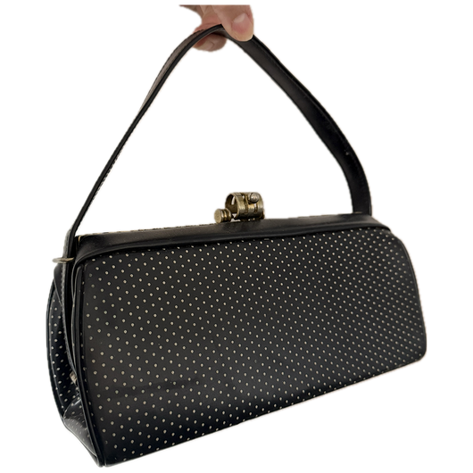 St Michael midnight blue polkadot vinyl 1940s vintage box handbag