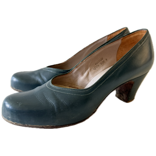 Pine green leather vintage 1940s babydoll heeled shoes UK 6