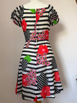 Bold 1970s vintage stripe and floral viscose gypsy mini dress