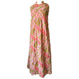 Quilted vintage 1960s psychedelic check pink and green maxi dress