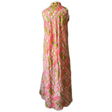 Quilted vintage 1960s psychedelic check pink and green maxi dress