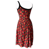 Abstract red and orange rose print vintage 1950s cotton day dress with inbuilt cups