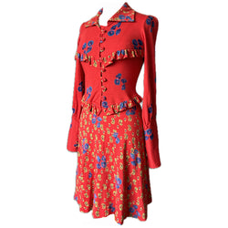 Bright red floral paisley jersey 1970s day dress with frill trim