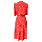 1980s-does-1940s red viscose day dress with smocked shoulders