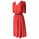 1980s-does-1940s red viscose day dress with smocked shoulders