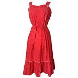 Strawberry red and white polkadot cotton 1970s belted sun dress