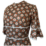 Daisy print vintage late 1960s brown, orange and white cotton maxi dress