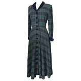 Navy and green tartan plaid vintage 1980s dress with blue velvet trim