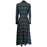 Navy and green tartan plaid vintage 1980s dress with blue velvet trim