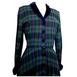 Navy and green tartan plaid vintage 1980s dress with blue velvet trim