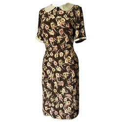 Coffee and cream rayon vintage 1930s floral day dress