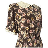 Coffee and cream rayon vintage 1930s floral day dress