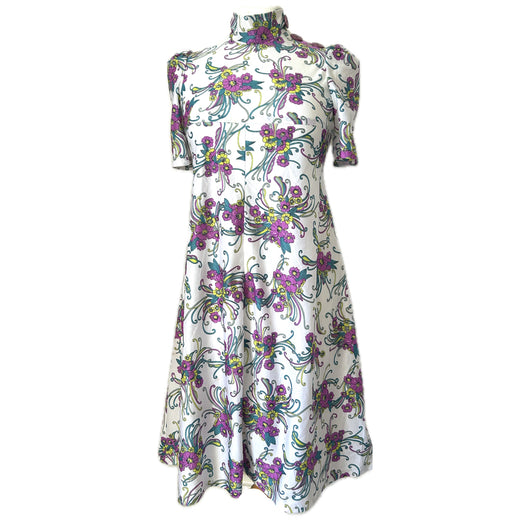 Psychedelic floral vintage 1960s puff sleeved day dress