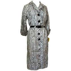 Unworn vintage 1950s monochrome tricel woodgrain print day dress