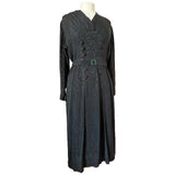 Vintage late 1930s black rayon jacquard day dress with art deco details