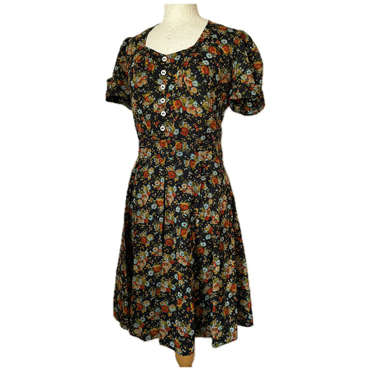 Autumn flowers vintage 1970s puff sleeved floral tea dress