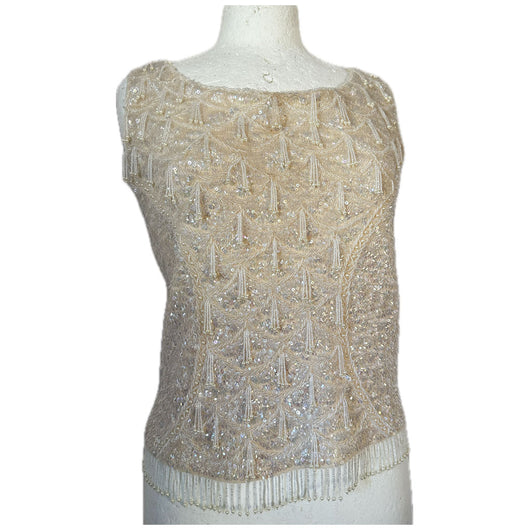 Iridescent cream art deco vintage beaded and sequinned 1950s wool top