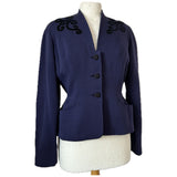 Deco navy vintage 1940s tailored worsted jacket with velvet scroll motifs